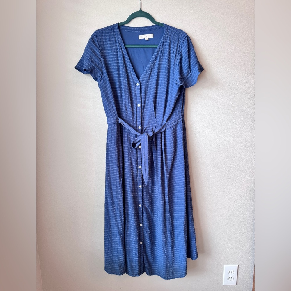 LOFT Blue Button-Front Midi Dress